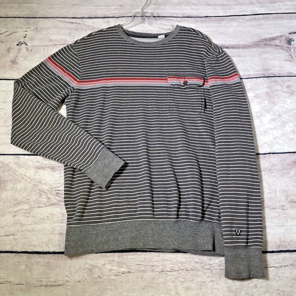 Vissla Sweatshirt Mens M Gray Striped Long Sleeve Pullover Crewneck Chest Pocket